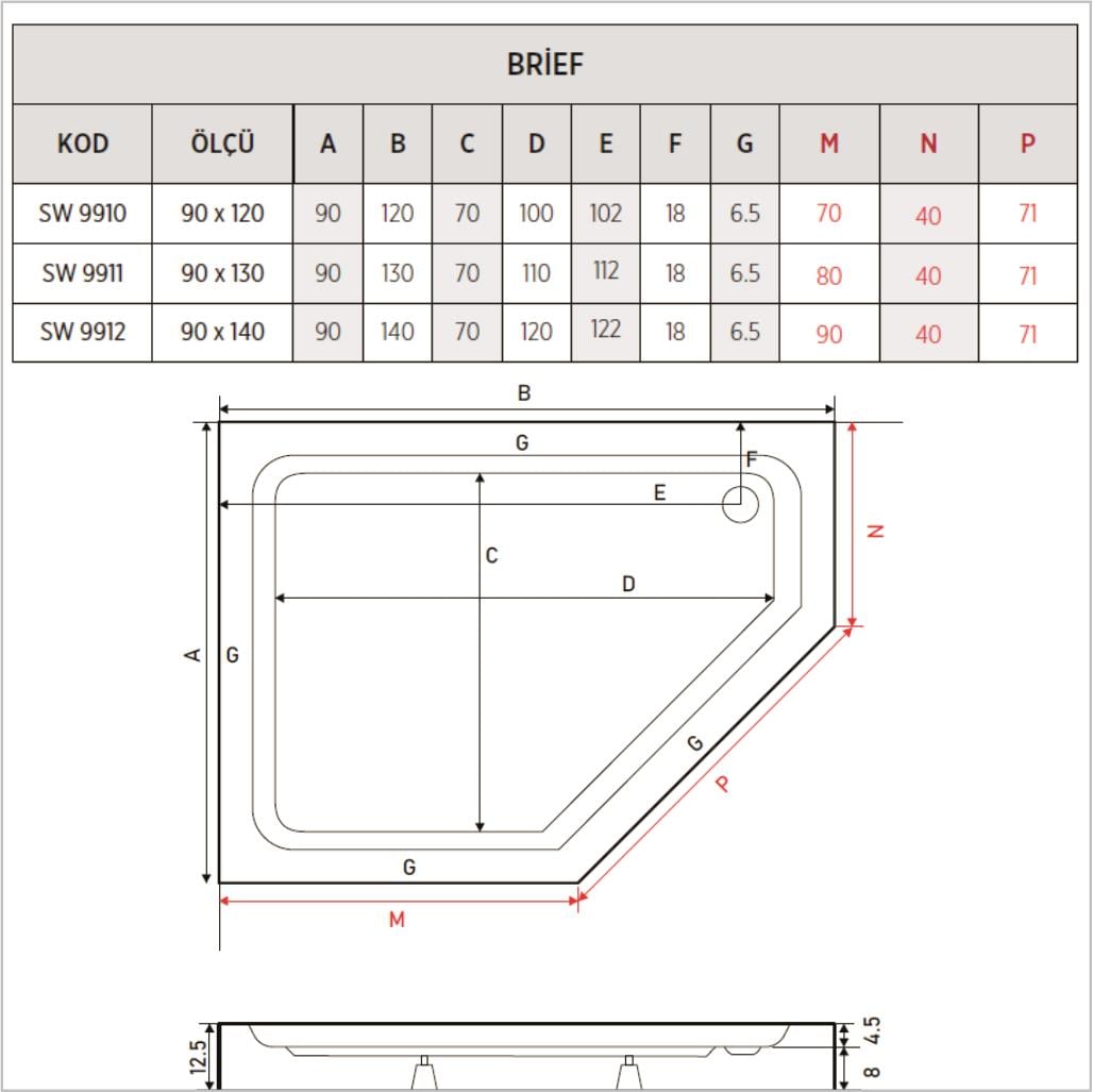SHOWER Brief Beşgen Sağ - Sol Duş Teknesi, Monoblok