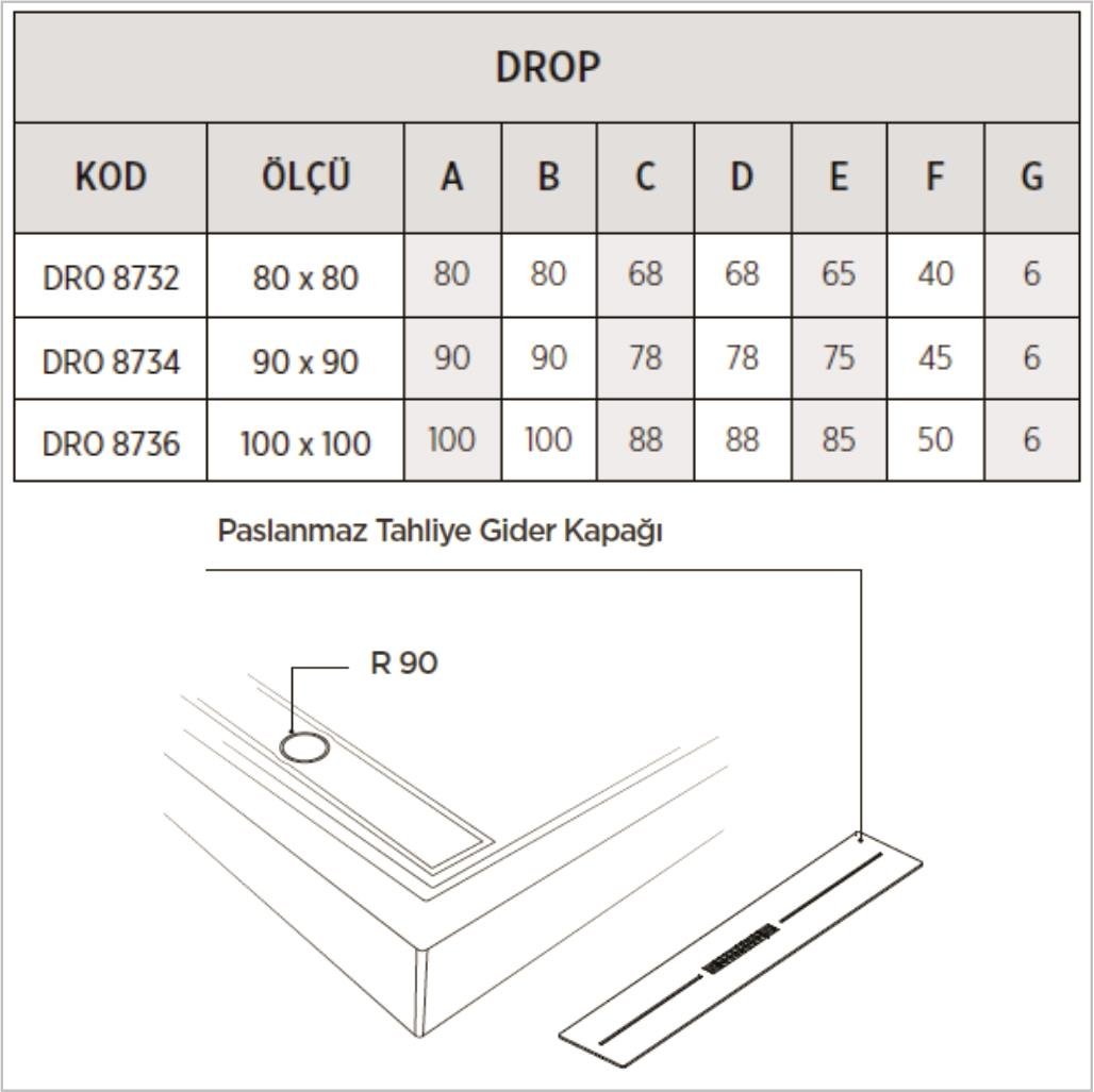 SHOWER Drop Kare Dus Teknesi H=8 cm, Monoblok