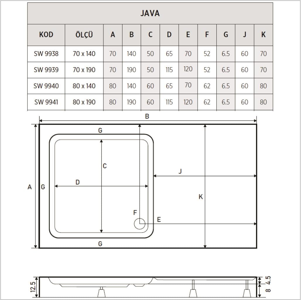 SHOWER Java Özel Kesim Dikdörtgen Duş Teknesi, Monoblok