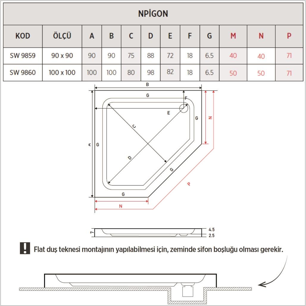 SHOWER Npigon Beşgen Duş Teknesi, Flat