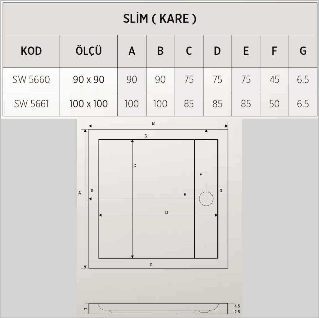 SHOWER Slim Kare Duş Teknesi, Flat