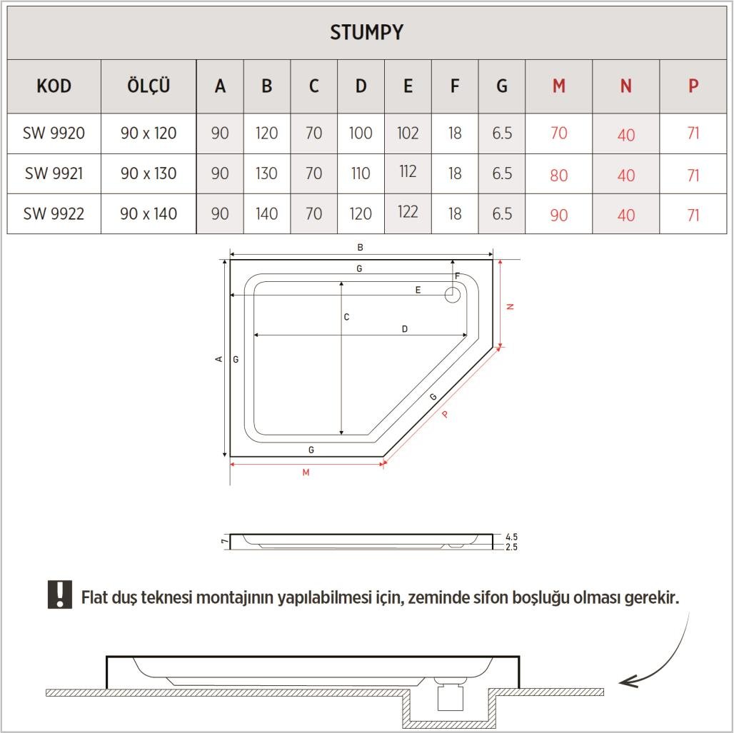 SHOWER Stumpy Beşgen Sağ - Sol Duş Teknesi, Flat