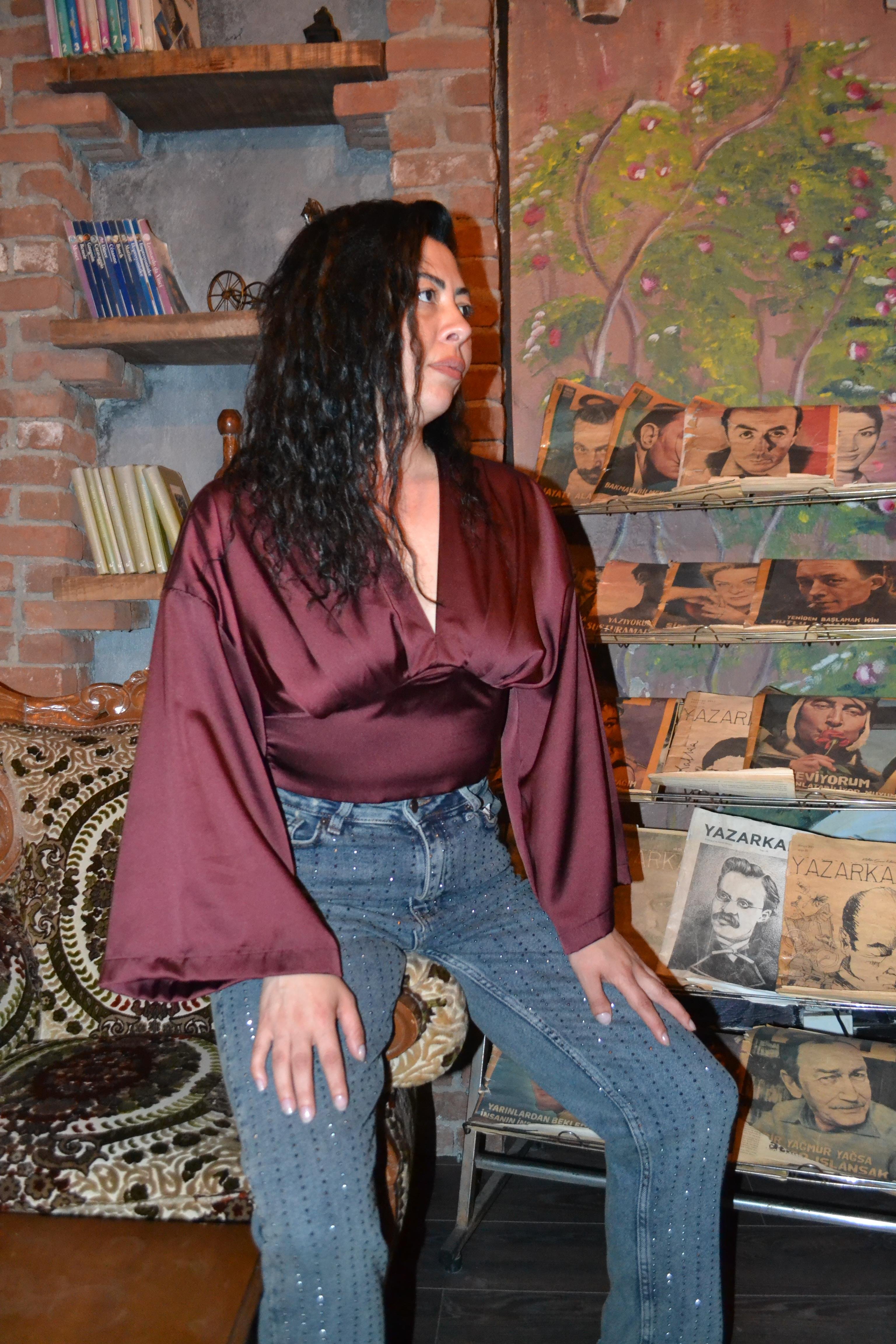 bordo polyester saten görünümlü bluz