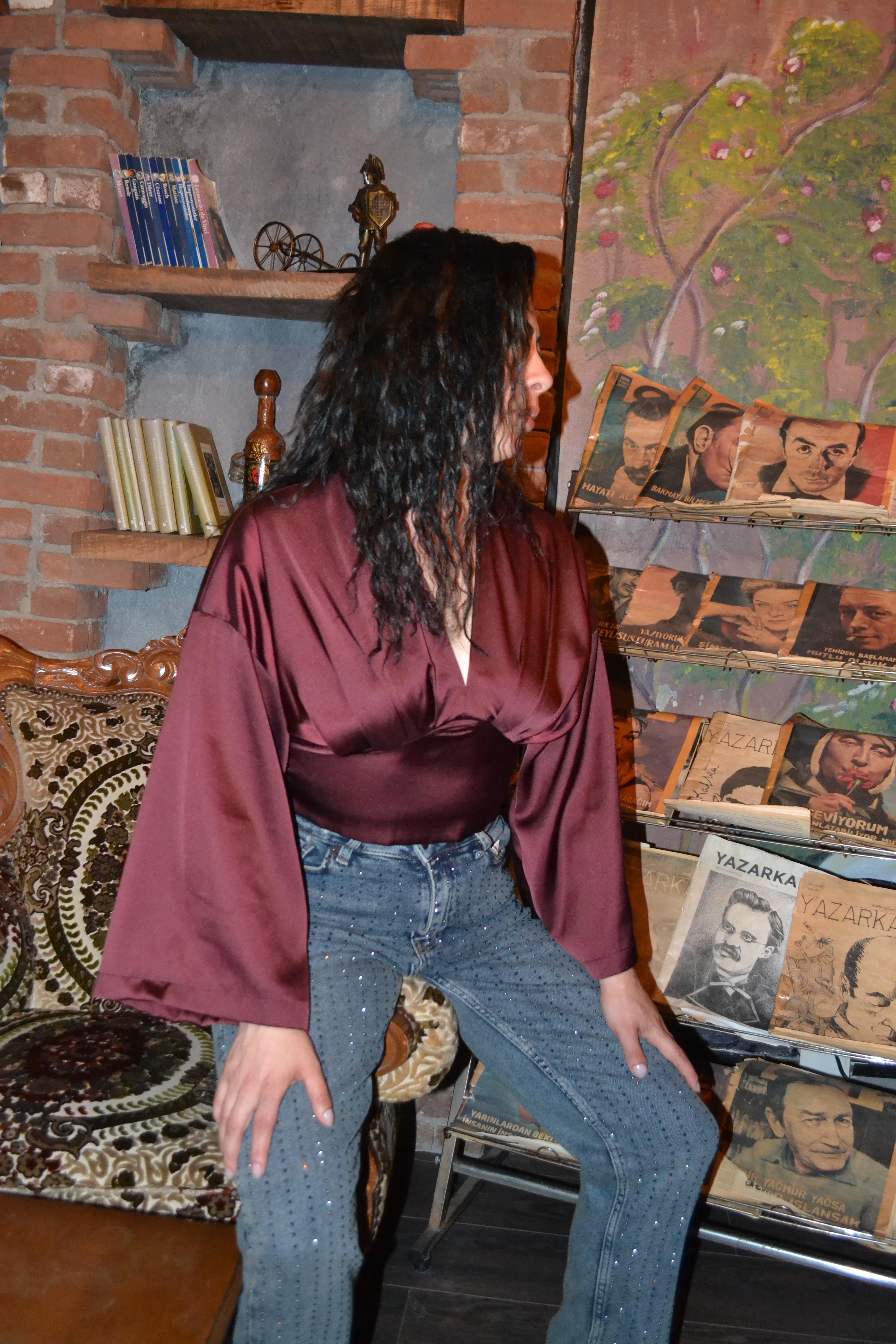 bordo polyester saten görünümlü bluz
