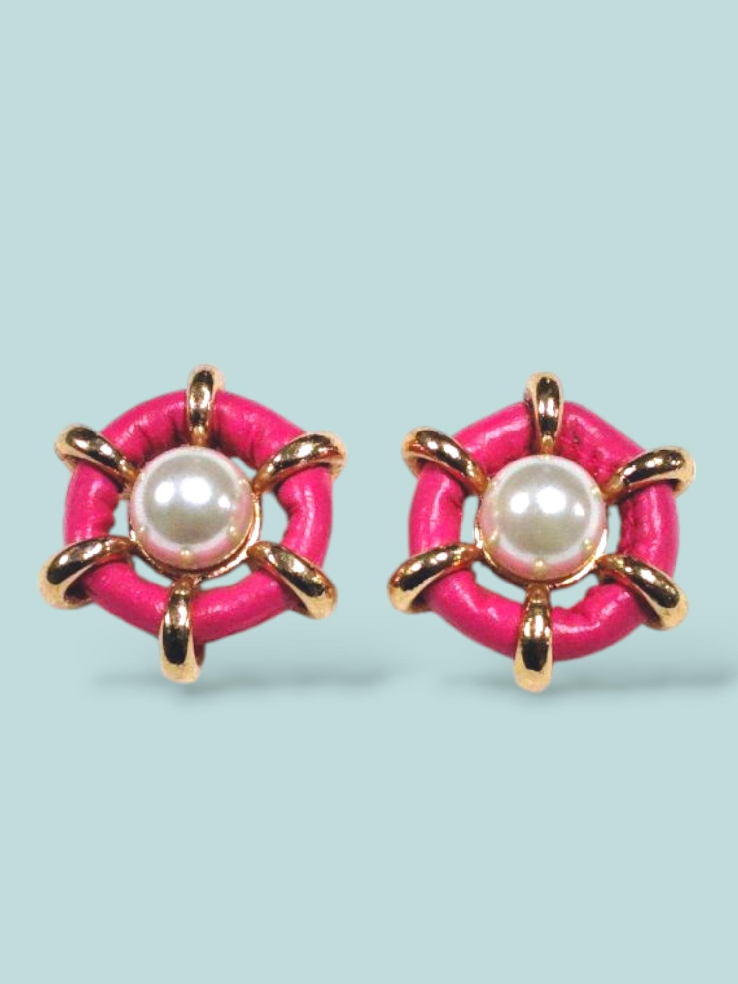 İnci Detaylı Pembe Denizci Gold Küpe