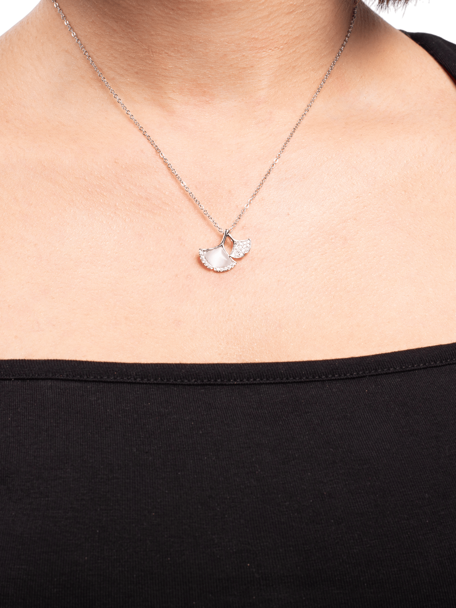 Taş Detaylı 2 Ginkgo Biloba Tasarım Kolye Silver