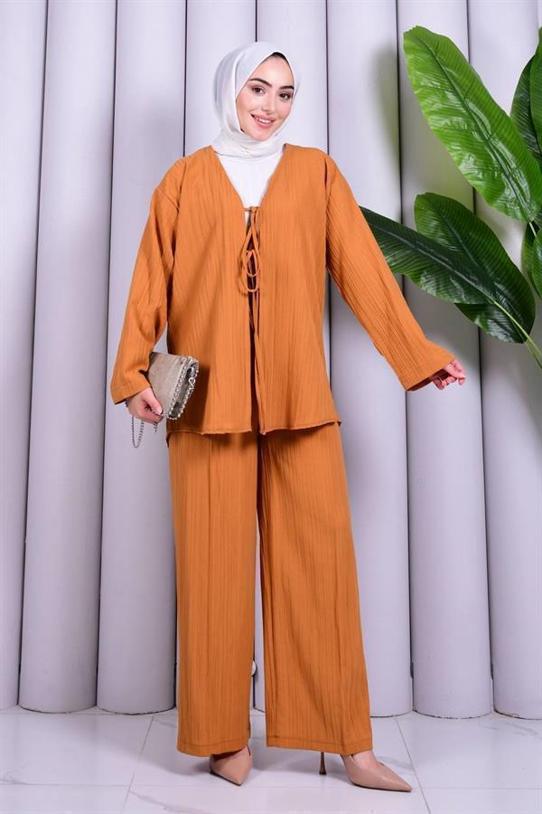 Bağcık Detaylı Pantolonlu Kimono Takım