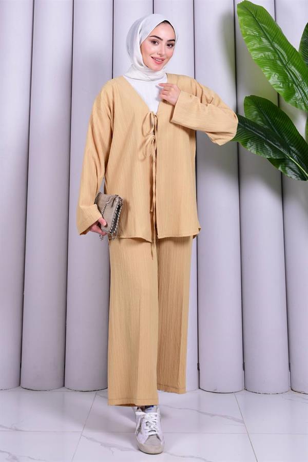 Bağcık Detaylı Pantolonlu Kimono Takım