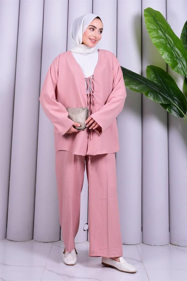 Bağcık Detaylı Pantolonlu Kimono Takım