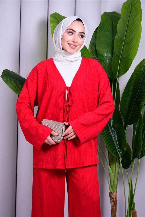 Bağcık Detaylı Pantolonlu Kimono Takım