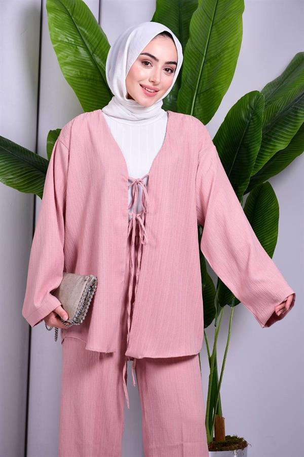 Bağcık Detaylı Pantolonlu Kimono Takım