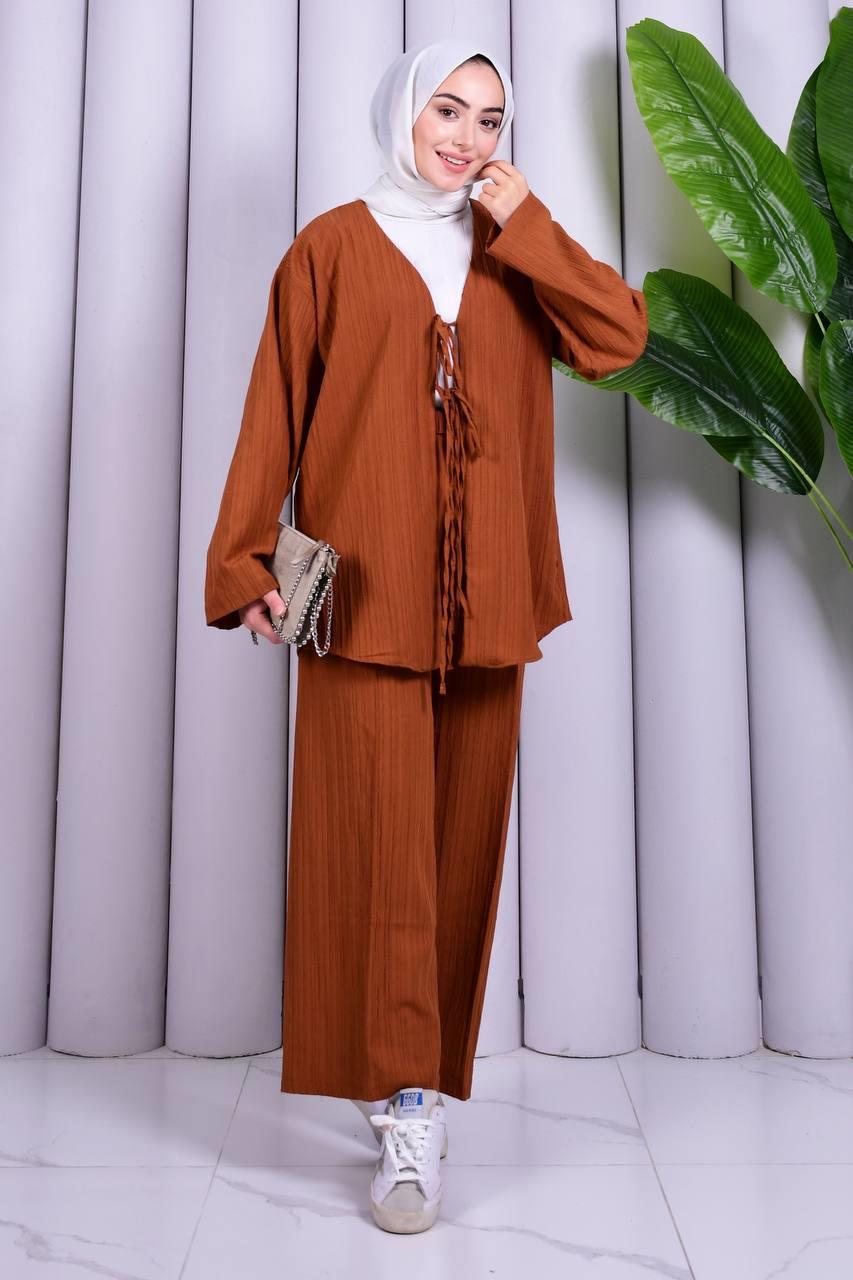 Bağcık Detaylı Pantolonlu Kimono Takım