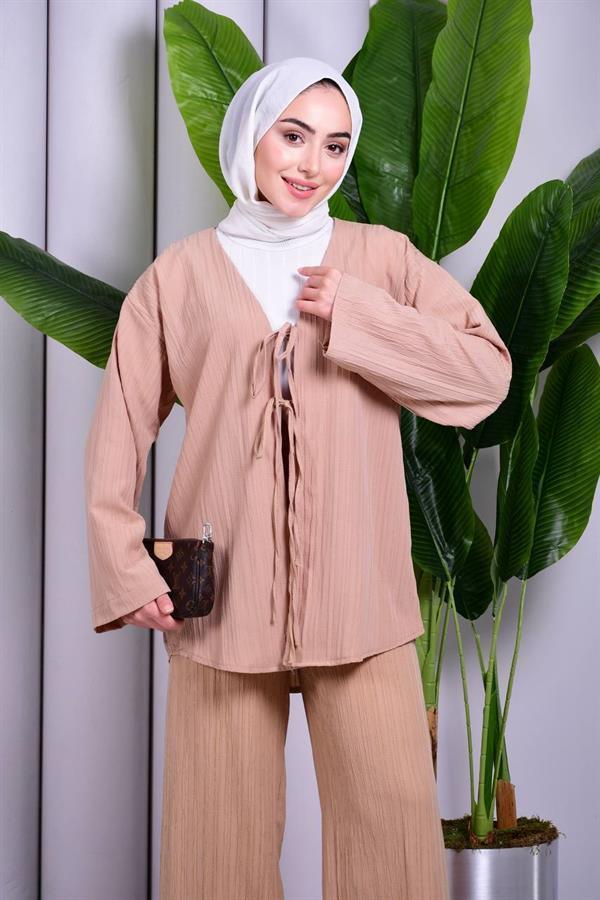 Bağcık Detaylı Pantolonlu Kimono Takım