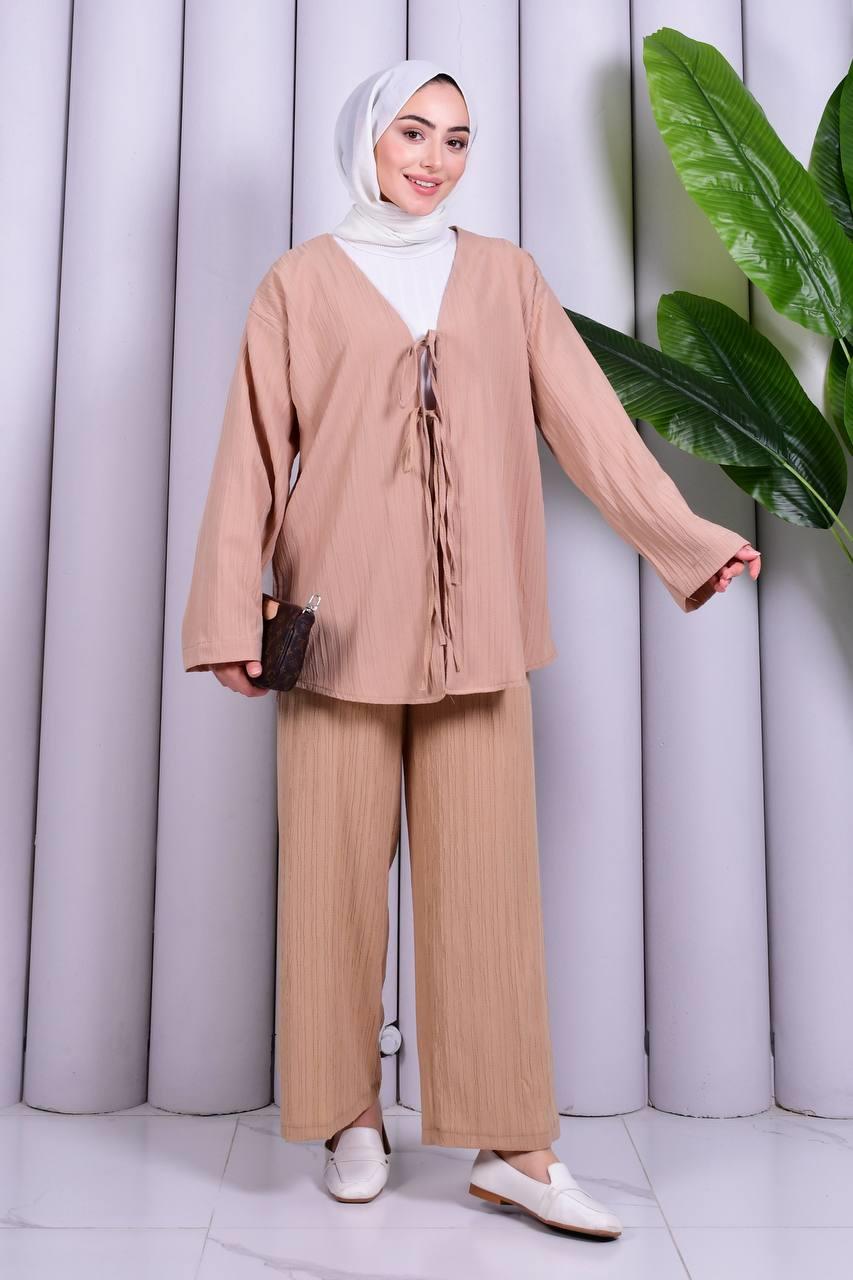 Bağcık Detaylı Pantolonlu Kimono Takım