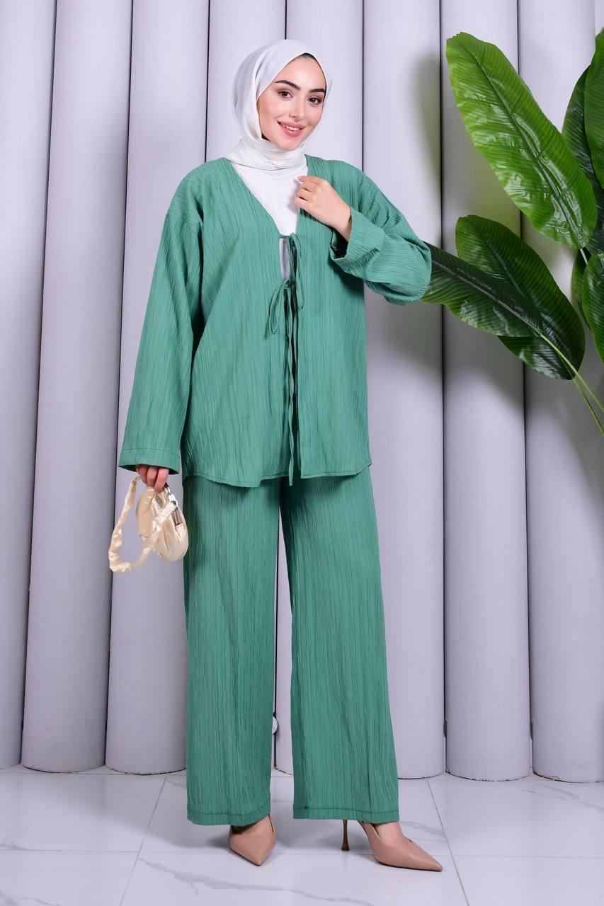 Bağcık Detaylı Pantolonlu Kimono Takım