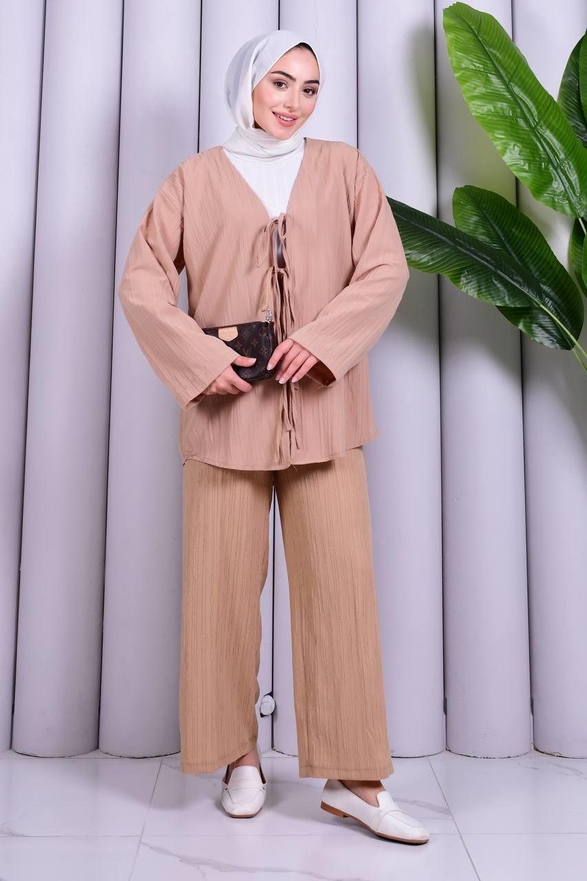 Bağcık Detaylı Pantolonlu Kimono Takım