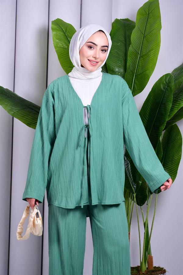 Bağcık Detaylı Pantolonlu Kimono Takım
