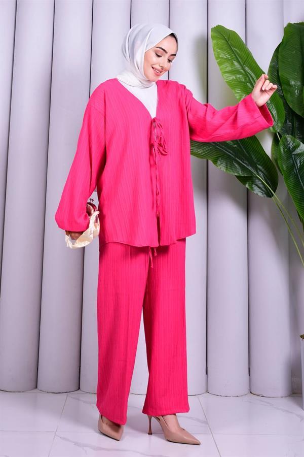 Bağcık Detaylı Pantolonlu Kimono Takım