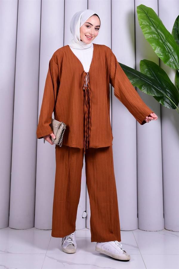 Bağcık Detaylı Pantolonlu Kimono Takım