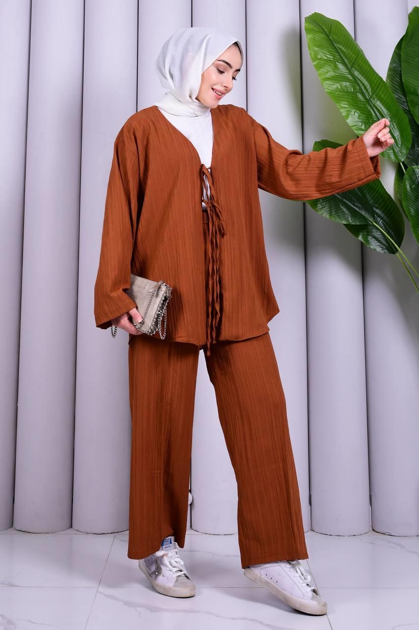 Bağcık Detaylı Pantolonlu Kimono Takım