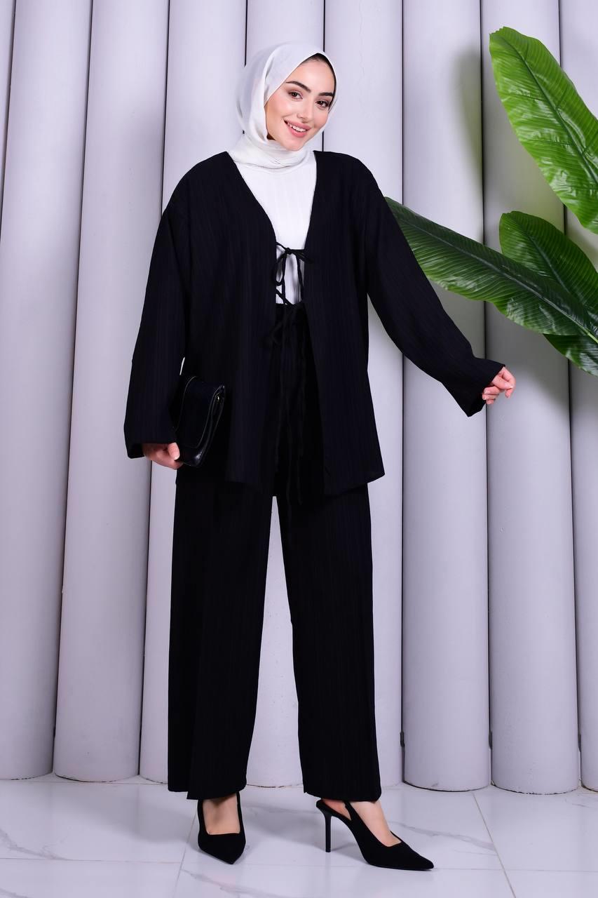 Bağcık Detaylı Pantolonlu Kimono Takım