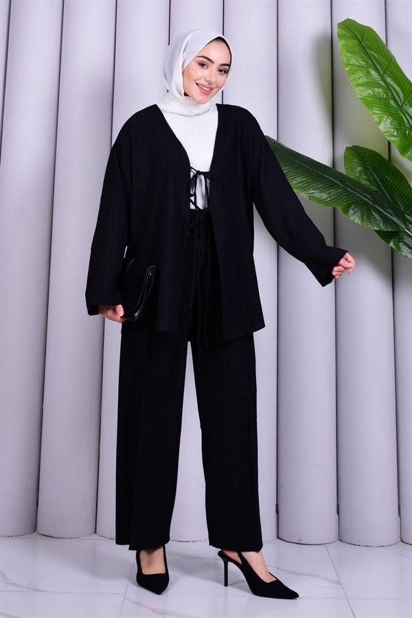 Bağcık Detaylı Pantolonlu Kimono Takım
