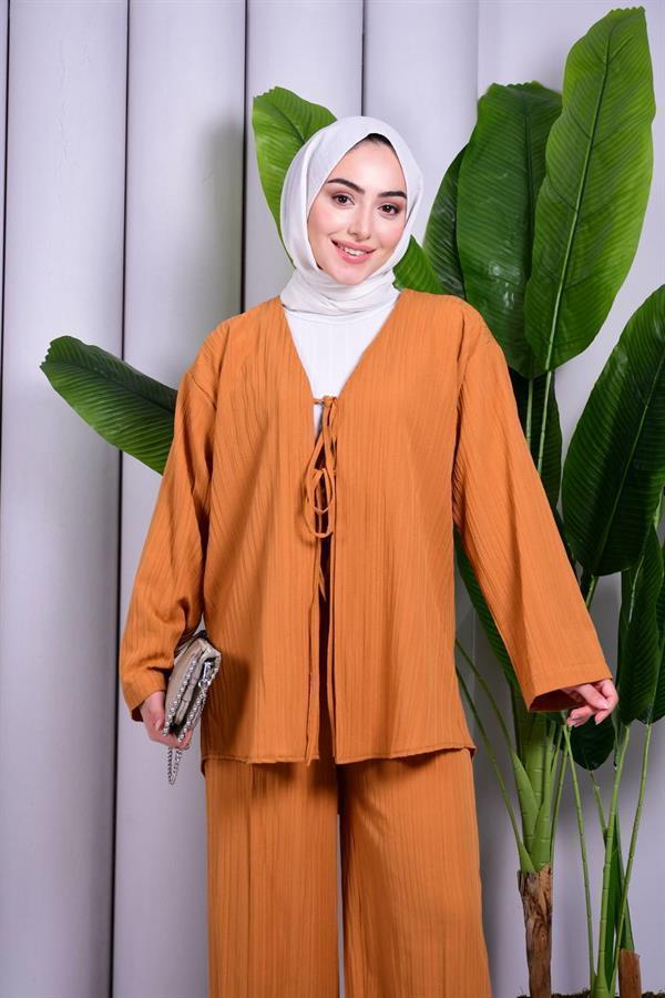 Bağcık Detaylı Pantolonlu Kimono Takım