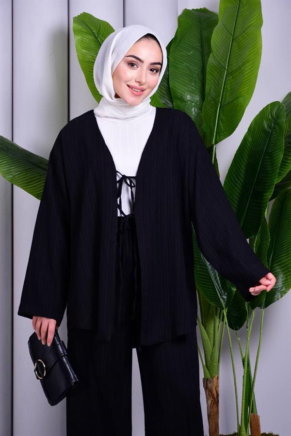 Bağcık Detaylı Pantolonlu Kimono Takım