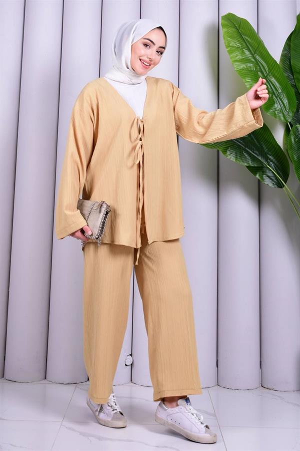 Bağcık Detaylı Pantolonlu Kimono Takım