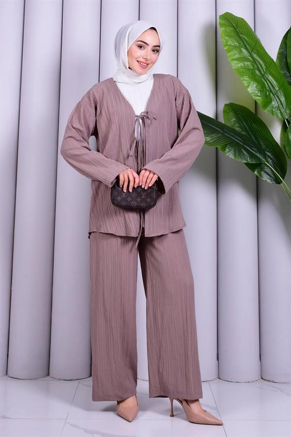 Bağcık Detaylı Pantolonlu Kimono Takım