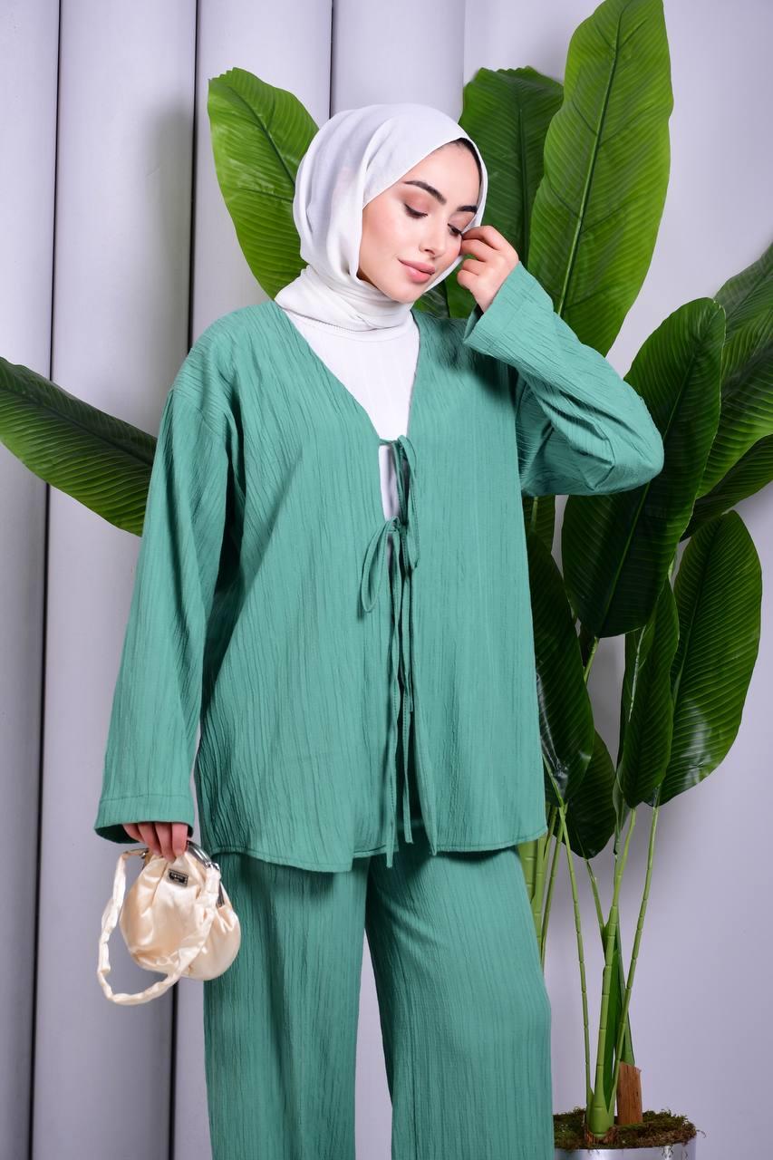Bağcık Detaylı Pantolonlu Kimono Takım