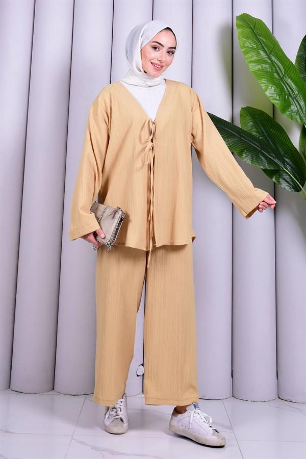 Bağcık Detaylı Pantolonlu Kimono Takım