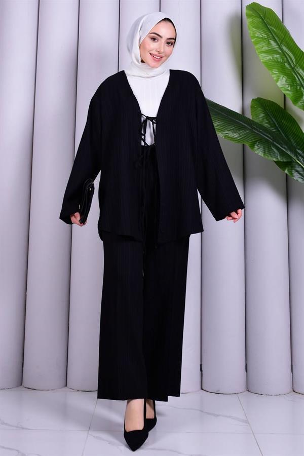 Bağcık Detaylı Pantolonlu Kimono Takım