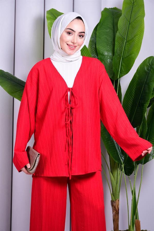 Bağcık Detaylı Pantolonlu Kimono Takım