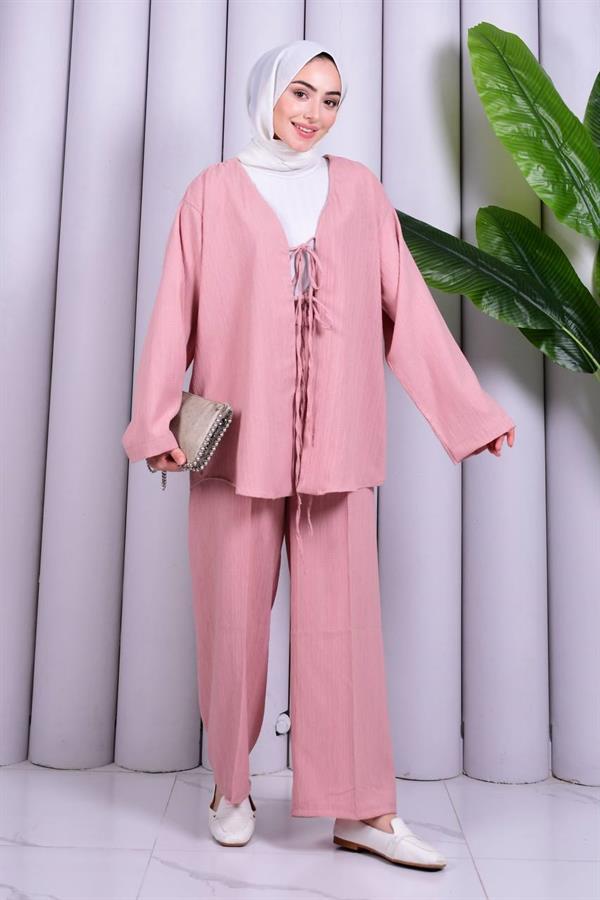 Bağcık Detaylı Pantolonlu Kimono Takım