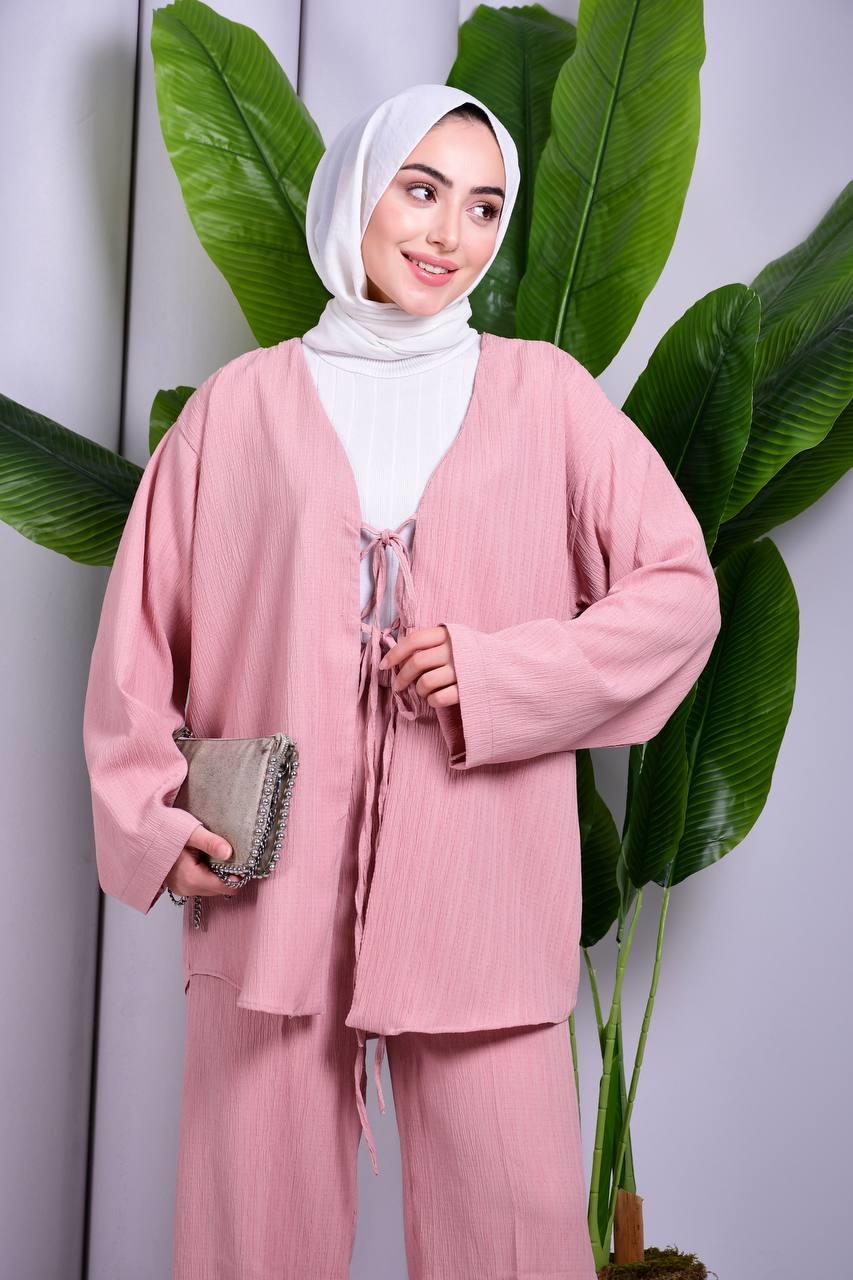 Bağcık Detaylı Pantolonlu Kimono Takım