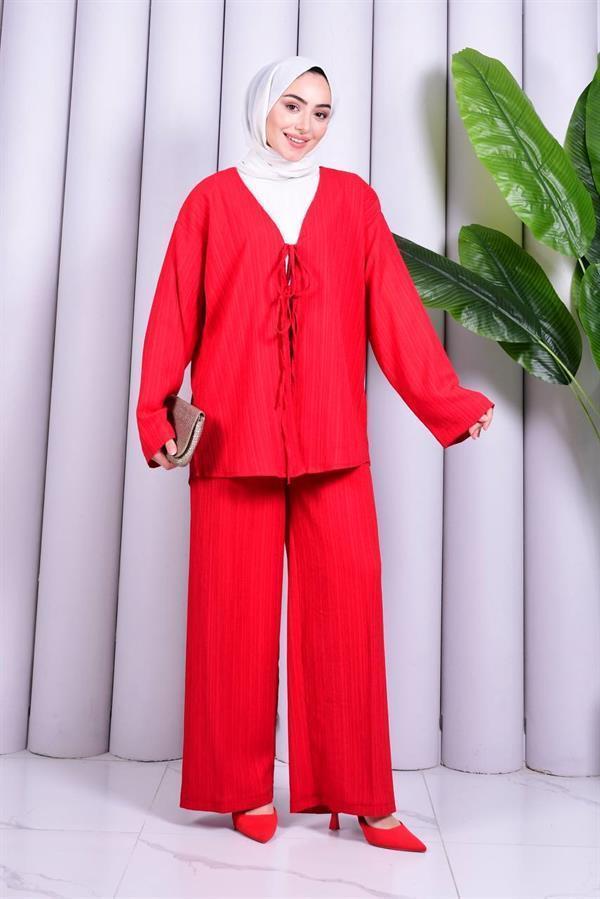 Bağcık Detaylı Pantolonlu Kimono Takım