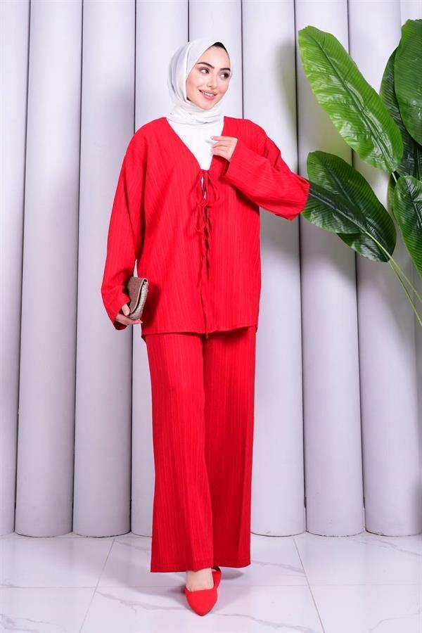 Bağcık Detaylı Pantolonlu Kimono Takım