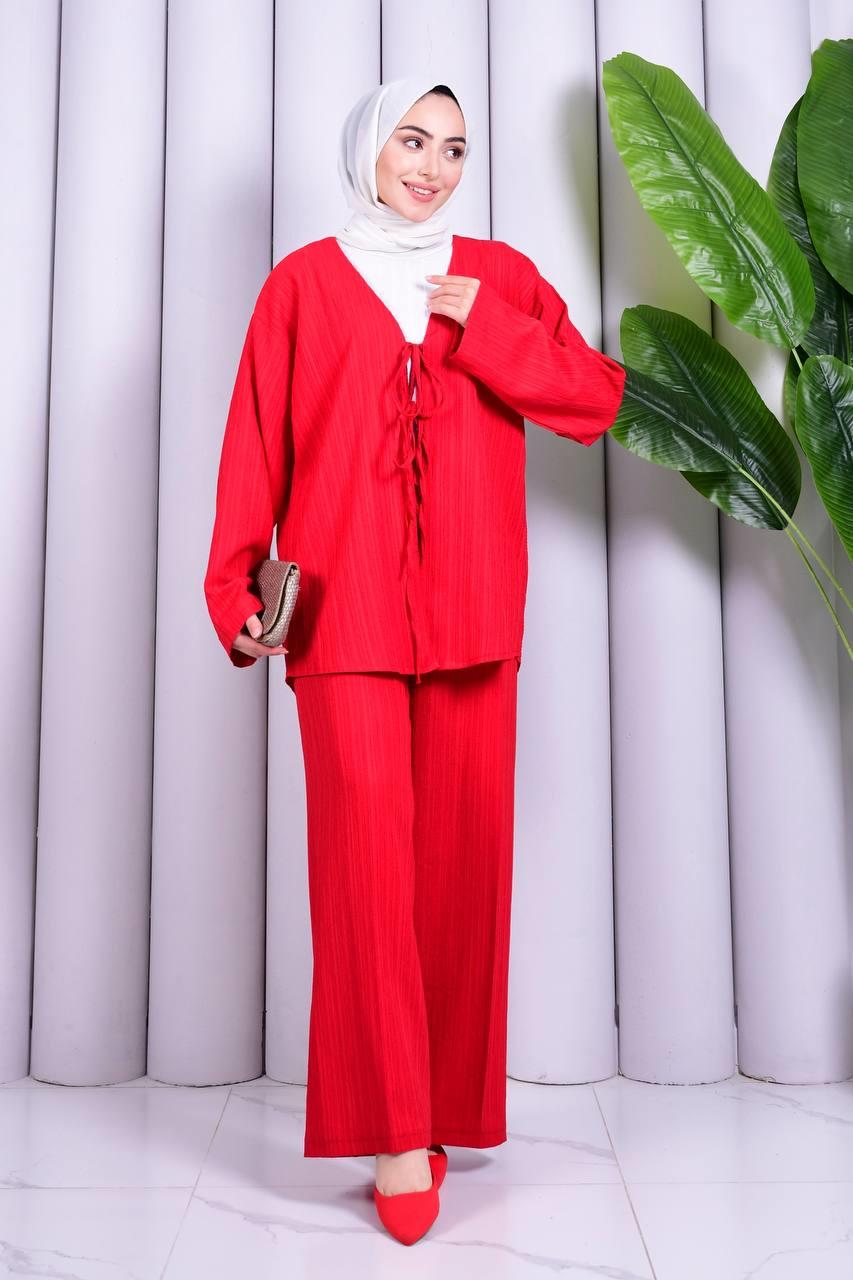 Bağcık Detaylı Pantolonlu Kimono Takım