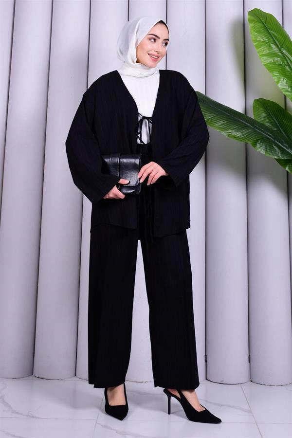 Bağcık Detaylı Pantolonlu Kimono Takım