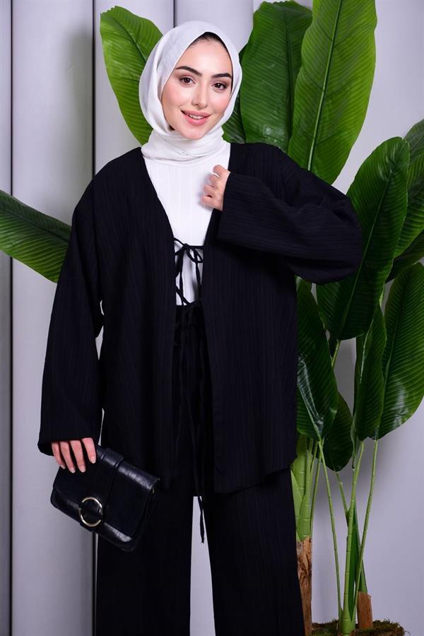 Bağcık Detaylı Pantolonlu Kimono Takım