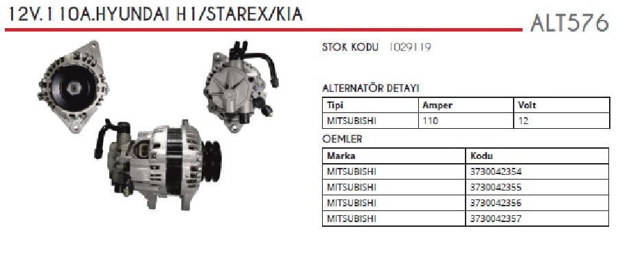ALTER 12V 110A MITS TIPI DINAMO1 HYUNDAI STAREX 25 CRDI KAMYONET/H100 MINIBUS YM/MIT L200 25TD/PA