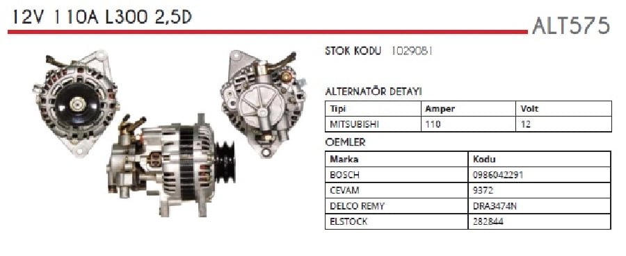 ALTER 12V 110A MITS TIPI L300 KLIMALI 25D TD 1998> VAKUMLU TIP CIFT KASNAK OVAL SOKET
