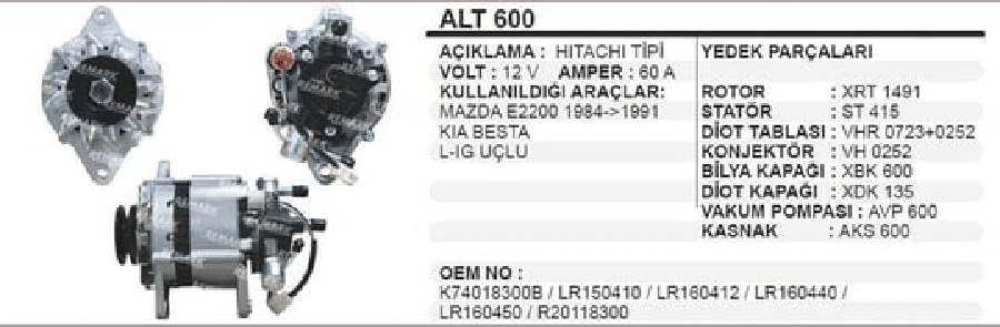 ALTER 12V 60A HITACHI TIPI MAZDA E2200 8491 KIA BESTA KARE SOKETLI