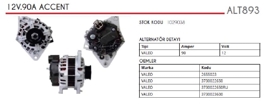ALTER 12V90A VALEO TIPI HYUNDAI ACCENT ERA 14L16L 2007>/ACCENT II 13L15L BENZINLI 2005>/