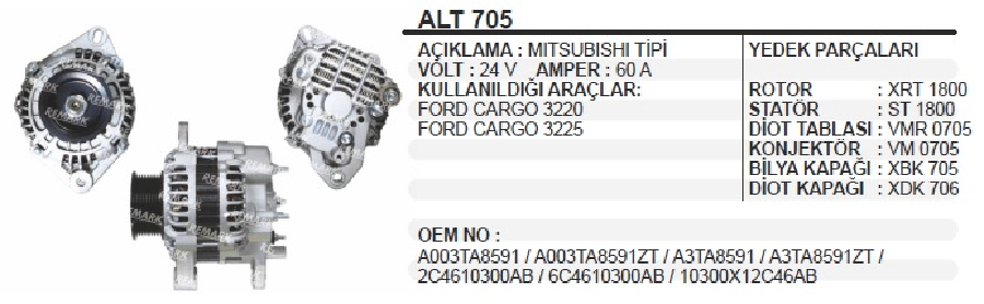 ALTER 24V60A MIT TIPI FORD CARGO /1824/2524/3220/3225/3227/3230 2008>/ 8 KANALLI KASNAK