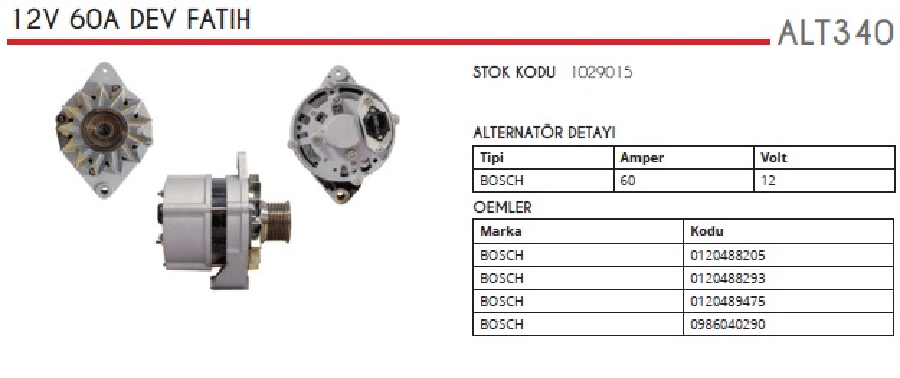 ALTER12V 60A  BOSCH TIPI DEV FATIH PROF PULE 8 KANAL/ATLAS/CASE CATERPILLAR/NEW HOLLAND/TERMOKING