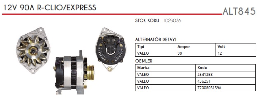 ALTER12V 90A Valeo Tipi Clio 12/14/EUROPA R19 14I  90>99 3 Kanalli Kasnak