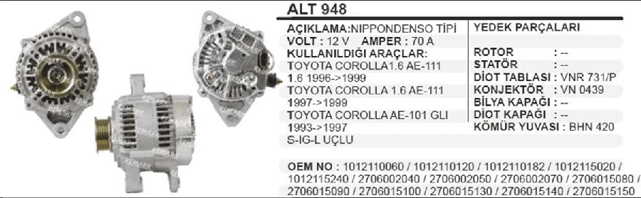 ALTERNATOR NDENSO 12V 70A TOYOTA COROLLA 16