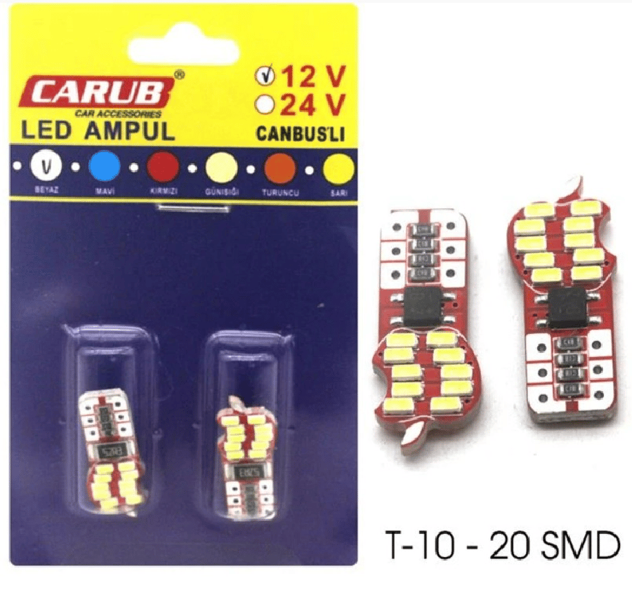 AMPUL LED 12V T10 16W 20 SMD FIBER BEYAZ CAMBUS